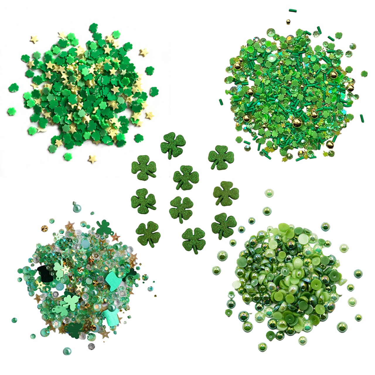St. Patrick’s Day Buttons & Embellishments Set – 5-Pack Including Glitter Shamrocks, Leprechaun Hats, Green Flowers & Sprinkles for DIY Crafts, Shaker Projects & Scrapbooking
